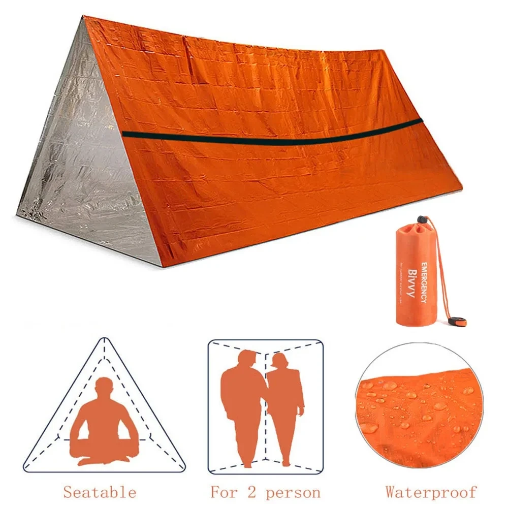 Kit de barraca de sobrevivência bivy para 2 pessoas, abrigo de emergência, tubo mylar, saco de dormir, à prova d'água, cobertor térmico sos ao ar livre, reutilizável