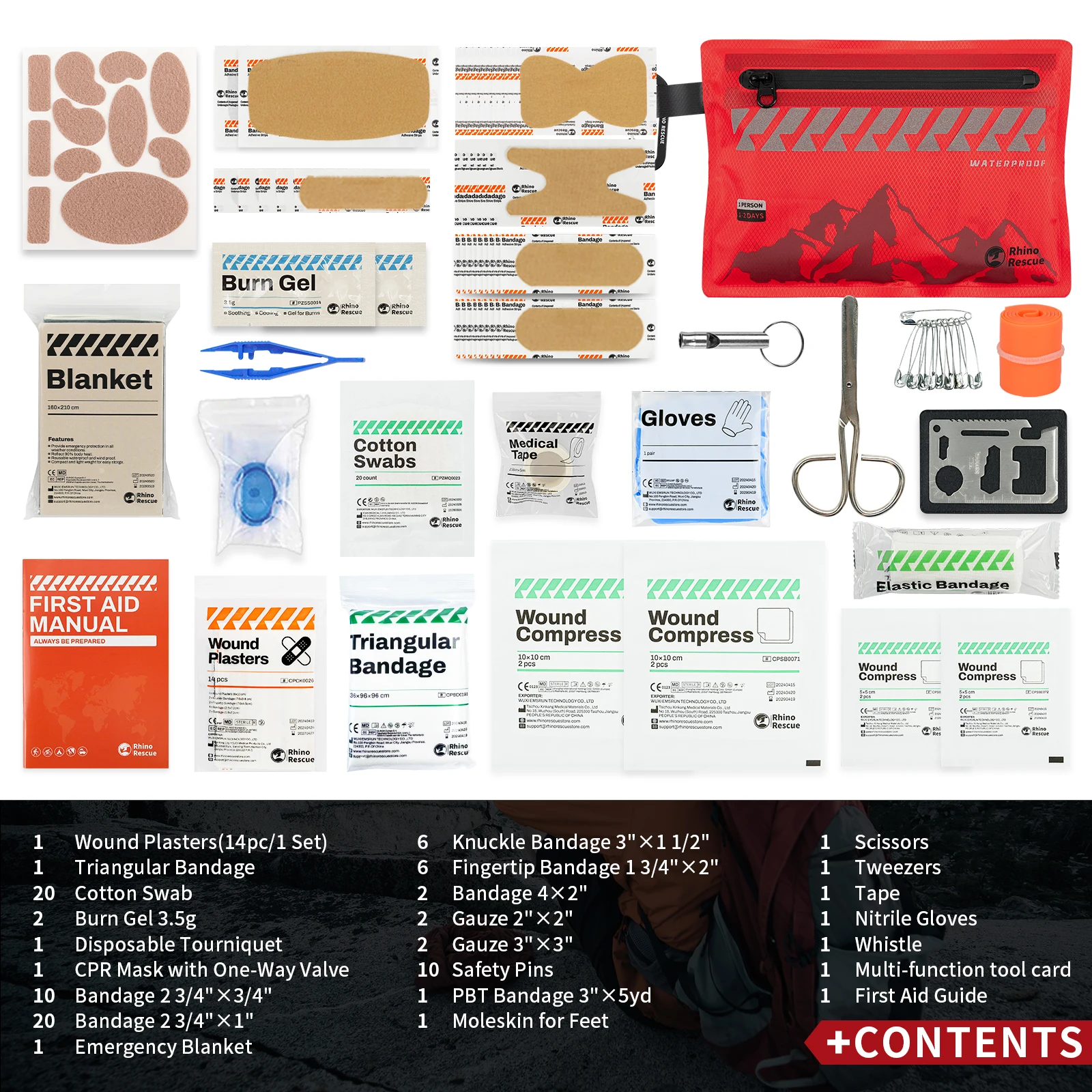 Kit de primeiros socorros pequeno Rhino Rescue – Kit médico ultraleve à prova d'água para caminhadas, mochilão, ciclismo, veículos de viagem - Imagem 2