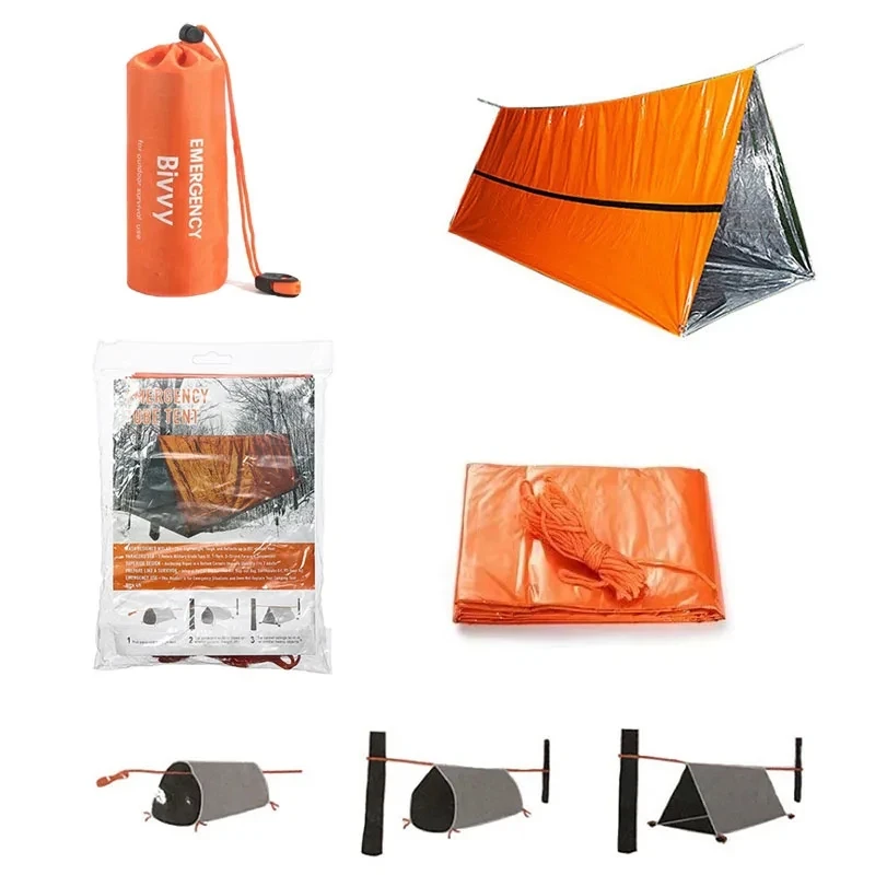 Kit de barraca de sobrevivência bivy para 2 pessoas, abrigo de emergência, tubo mylar, saco de dormir, à prova d'água, cobertor térmico sos ao ar livre, reutilizável - Imagem 2