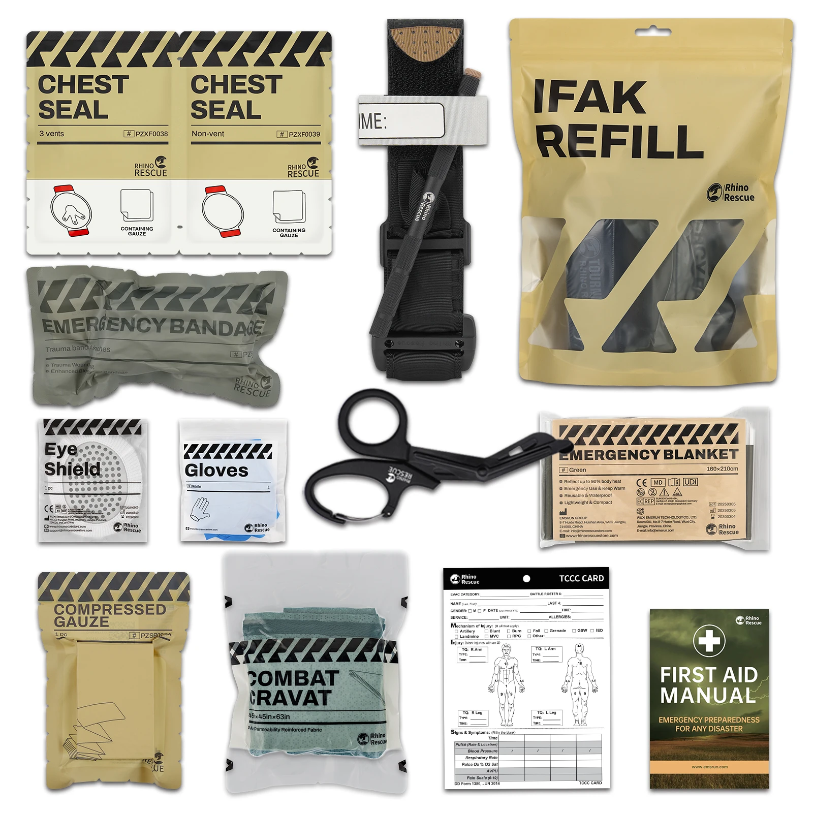 Kit de primeiros socorros para trauma de rinoceronte, kit de sobrevivência para configurar, kit de emergência ao ar livre para acampamento, caminhadas, kit de recarga ifak
